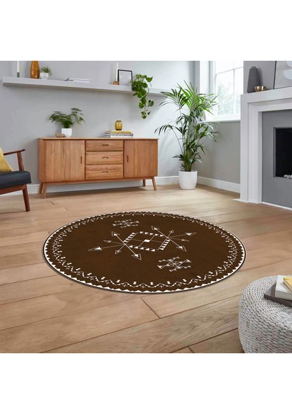 Dijital Kaymaz Yıkanabilir Yuvarlak Iskandinav Desen Salon Halısı, V-Y-Iskandinav-08-Kahve,