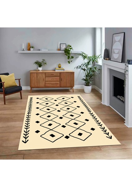 Dijital Baskılı Kaymaz Yıkanabilir Iskandinav Desen Yolluk Salon Halısı, V-Iskandinav-25-Krem,