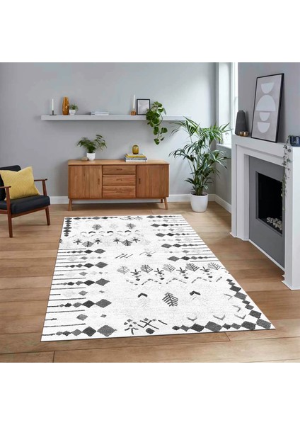 Dijital Baskılı Kaymaz Yıkanabilir Iskandinav Desen Yolluk Salon Halısı, V-Iskandinav-24-Beyaz,
