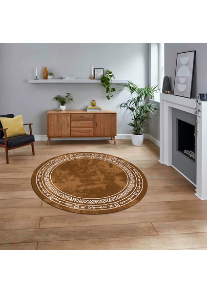 Dijital Kaymaz Yıkanabilir Yuvarlak Iskandinav Desen Salon Halısı, V-Y-Iskandinav-30-Kahve,