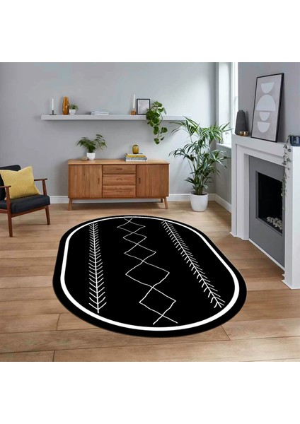 Dijital Kaymaz Yıkanabilir Oval Iskandinav Desen Yolluk Salon Halısı, V-O-Iskandinav-01-Siyah,