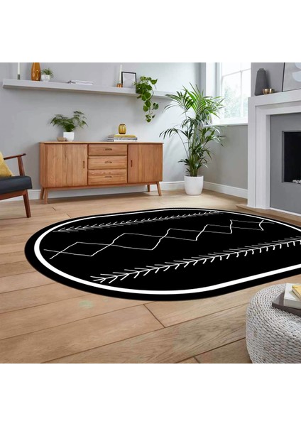 Dijital Kaymaz Yıkanabilir Oval Iskandinav Desen Yolluk Salon Halısı, V-O-Iskandinav-01-Siyah,