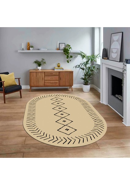 Dijital Kaymaz Yıkanabilir Oval Iskandinav Desen Yolluk Salon Halısı, V-O-Iskandinav-02-Krem,