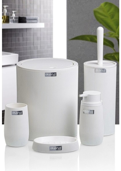 Çizgili 5 Parça Banyo Seti Çöp Kovası Tuvalet Fırçası Diş Fırçalık Sıvı Sabunluk Katı Sabunluk
