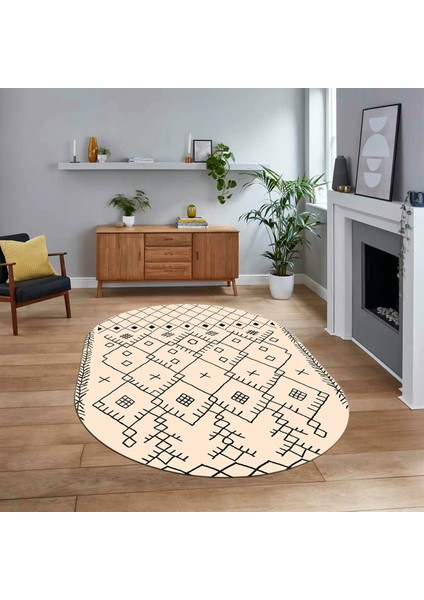 Dijital Kaymaz Yıkanabilir Oval Iskandinav Desen Yolluk Salon Halısı, V-O-Iskandinav-10-Krem,