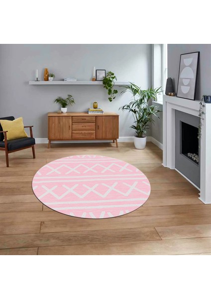 Dijital Kaymaz Yıkanabilir Yuvarlak Iskandinav Desen Salon Halısı, V-Y-Iskandinav-28-Pembe,
