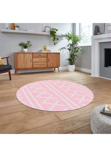 Dijital Kaymaz Yıkanabilir Yuvarlak Iskandinav Desen Salon Halısı, V-Y-Iskandinav-28-Pembe,