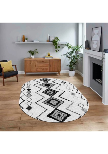 Dijital Kaymaz Yıkanabilir Oval Iskandinav Desen Yolluk Salon Halısı, V-O-Iskandinav-13-Gri,