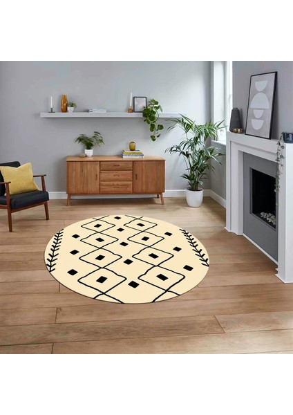 Dijital Kaymaz Yıkanabilir Yuvarlak Iskandinav Desen Salon Halısı, V-Y-Iskandinav-25-Krem,
