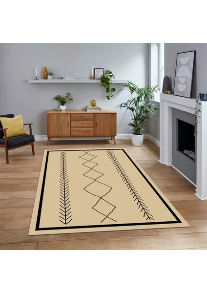 Dijital Baskılı Kaymaz Yıkanabilir Iskandinav Desen Yolluk Salon Halısı, V-Iskandinav-01-Krem,
