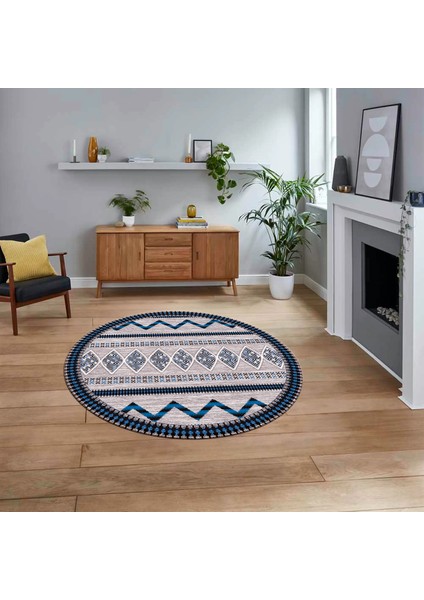 Dijital Kaymaz Yıkanabilir Yuvarlak Iskandinav Desen Salon Halısı, V-Y-Iskandinav-27-Mavi,