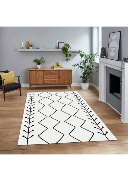 Dijital Baskılı Kaymaz Yıkanabilir Iskandinav Desen Yolluk Salon Halısı, V-Iskandinav-06-Beyaz,