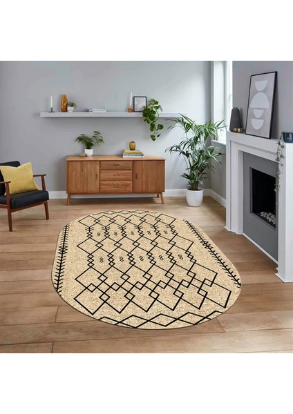 Dijital Kaymaz Yıkanabilir Oval Iskandinav Desen Yolluk Salon Halısı, V-O-Iskandinav-17-Bej,