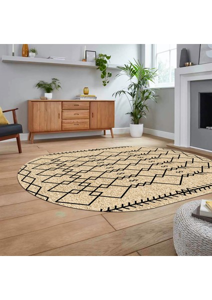Dijital Kaymaz Yıkanabilir Oval Iskandinav Desen Yolluk Salon Halısı, V-O-Iskandinav-17-Bej, fiyatları