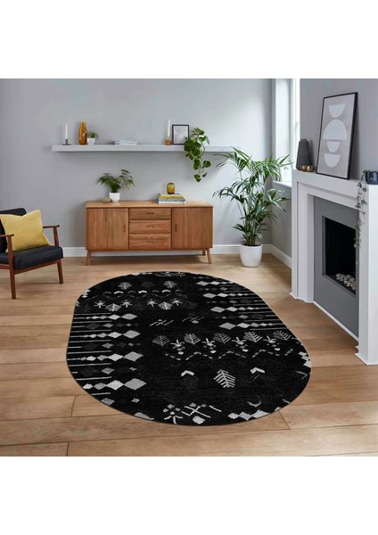 Dijital Kaymaz Yıkanabilir Oval Iskandinav Desen Yolluk Salon Halısı, V-O-Iskandinav-24-Siyah,
