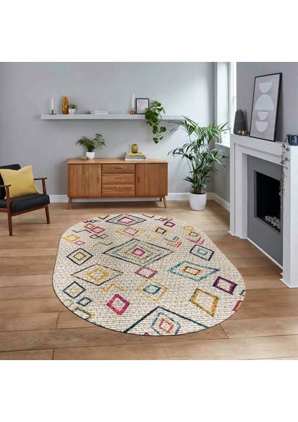Dijital Kaymaz Yıkanabilir Oval Iskandinav Desen Yolluk Salon Halısı, V-O-Iskandinav-29-Renkli,
