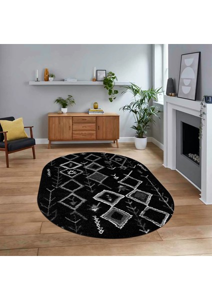 Dijital Kaymaz Yıkanabilir Oval Iskandinav Desen Yolluk Salon Halısı, V-O-Iskandinav-14-Antrasit,