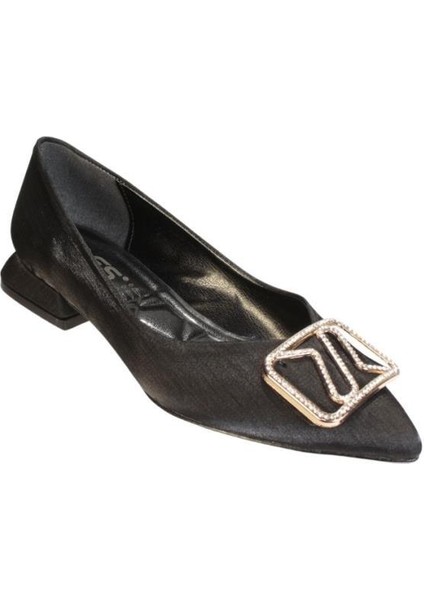 Yazkış Kadın Siyah Altın Parlak Saten Üzeri Tokalı Babet