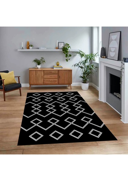 Dijital Baskılı Kaymaz Yıkanabilir Iskandinav Desen Yolluk Salon Halısı, V-Iskandinav-05-Siyah,