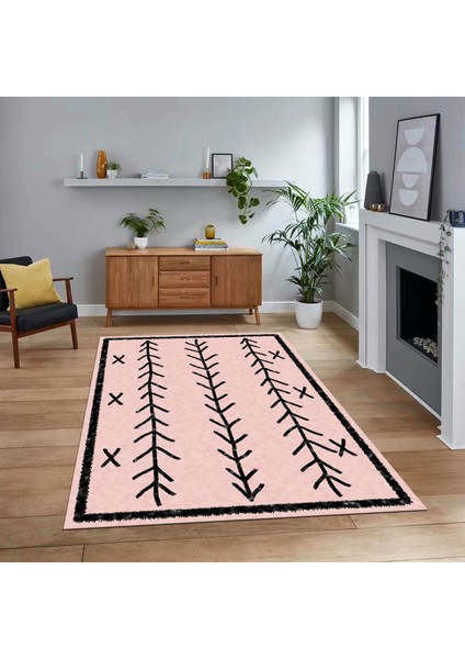 Dijital Baskılı Kaymaz Yıkanabilir Iskandinav Desen Yolluk Salon Halısı, V-Iskandinav-07-Pembe,