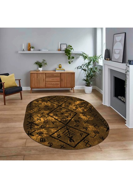 Dijital Kaymaz Yıkanabilir Oval Iskandinav Desen Yolluk Salon Halısı, V-O-Iskandinav-16-Kahve,