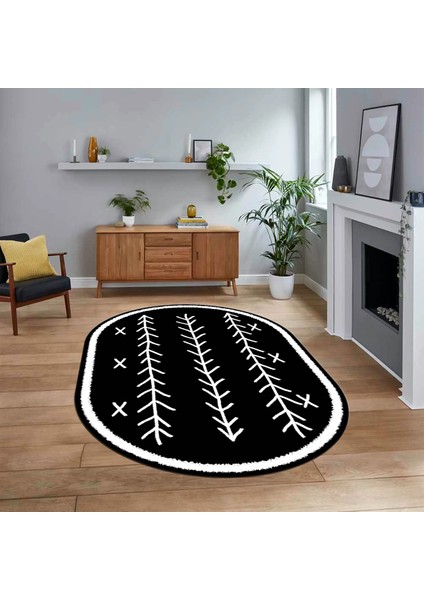 Dijital Kaymaz Yıkanabilir Oval Iskandinav Desen Yolluk Salon Halısı, V-O-Iskandinav-07-Siyah,