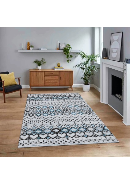 Dijital Baskılı Kaymaz Yıkanabilir Iskandinav Desen Yolluk Salon Halısı, V-Iskandinav-22-Mavi,