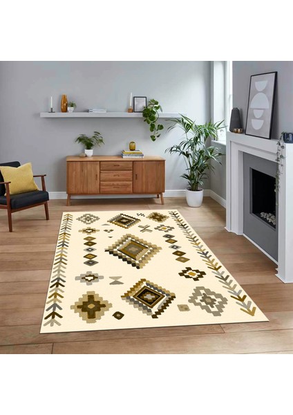 Dijital Baskılı Kaymaz Yıkanabilir Iskandinav Desen Yolluk Salon Halısı, V-Iskandinav-15-Bej,