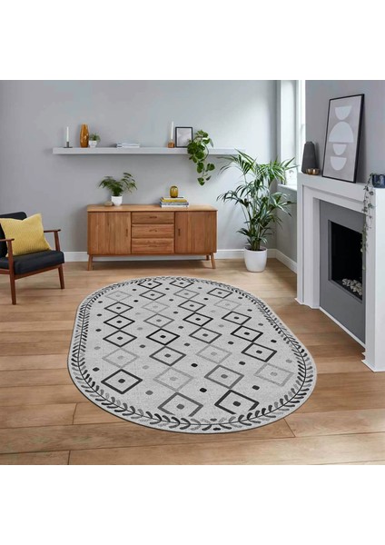Dijital Kaymaz Yıkanabilir Oval Iskandinav Desen Yolluk Salon Halısı, V-O-Iskandinav-21-Gri,