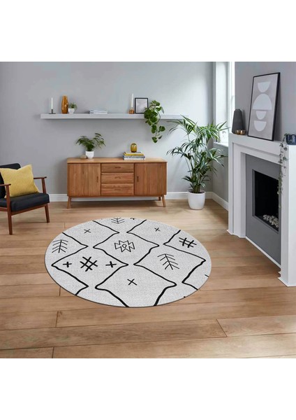Dijital Kaymaz Yıkanabilir Yuvarlak Iskandinav Desen Salon Halısı, V-Y-Iskandinav-04-Gri,