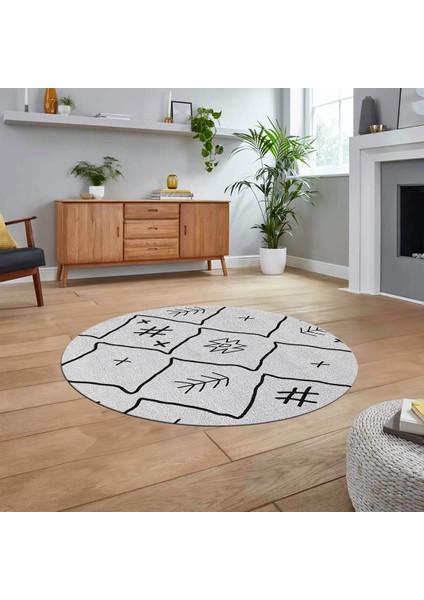 Dijital Kaymaz Yıkanabilir Yuvarlak Iskandinav Desen Salon Halısı, V-Y-Iskandinav-04-Gri,