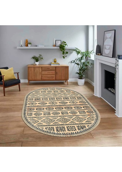 Dijital Kaymaz Yıkanabilir Oval Iskandinav Desen Yolluk Salon Halısı, V-O-Iskandinav-23-Krem,