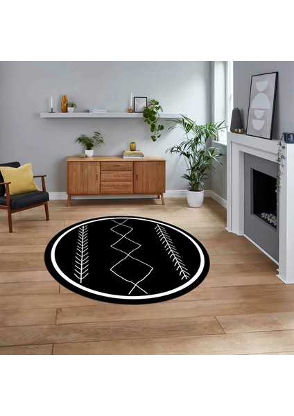 Dijital Kaymaz Yıkanabilir Yuvarlak Iskandinav Desen Salon Halısı, V-Y-Iskandinav-01-Siyah,