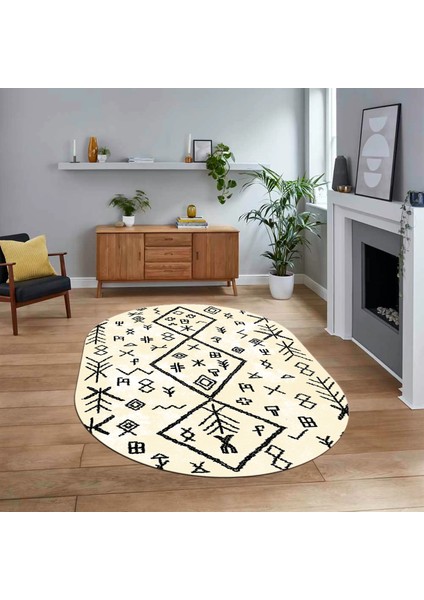 Dijital Kaymaz Yıkanabilir Oval Iskandinav Desen Yolluk Salon Halısı, V-O-Iskandinav-16-Krem,