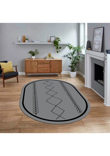 Dijital Kaymaz Yıkanabilir Oval Iskandinav Desen Yolluk Salon Halısı, V-O-Iskandinav-01-Gri,