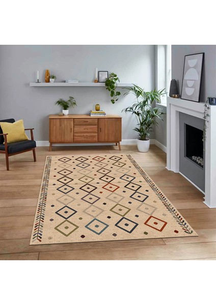 Dijital Baskılı Kaymaz Yıkanabilir Iskandinav Desen Yolluk Salon Halısı, V-Iskandinav-21-Bej,