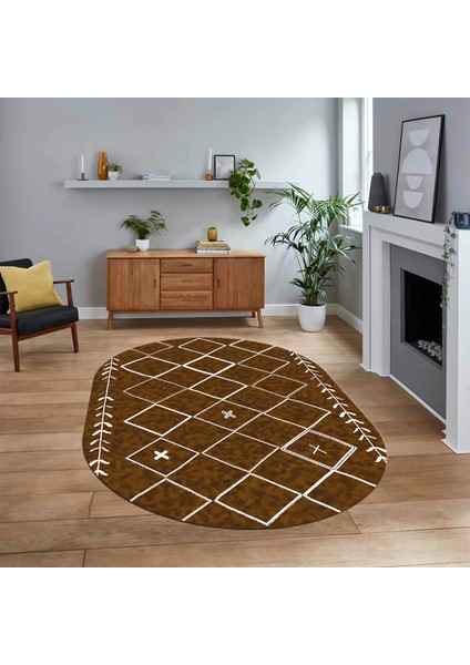 Dijital Kaymaz Yıkanabilir Oval Iskandinav Desen Yolluk Salon Halısı, V-O-Iskandinav-18-Kahve,