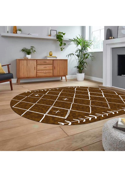 Dijital Kaymaz Yıkanabilir Oval Iskandinav Desen Yolluk Salon Halısı, V-O-Iskandinav-18-Kahve,