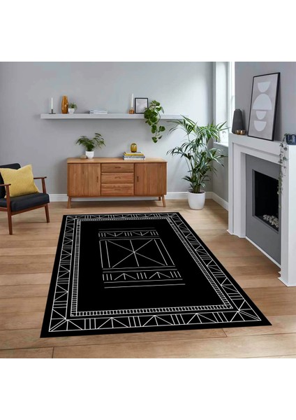 Dijital Baskılı Kaymaz Yıkanabilir Iskandinav Desen Yolluk Salon Halısı, V-Iskandinav-09-Siyah,