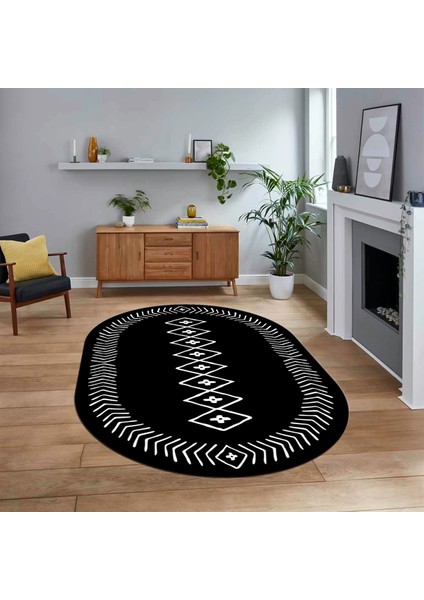 Dijital Kaymaz Yıkanabilir Oval Iskandinav Desen Yolluk Salon Halısı, V-O-Iskandinav-03-Siyah,