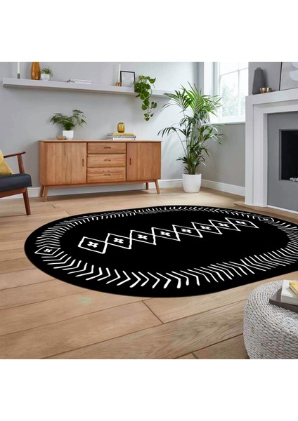 Dijital Kaymaz Yıkanabilir Oval Iskandinav Desen Yolluk Salon Halısı, V-O-Iskandinav-03-Siyah,
