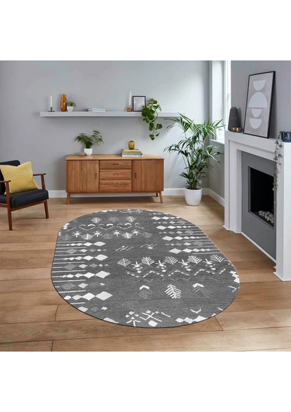 Dijital Kaymaz Yıkanabilir Oval Iskandinav Desen Yolluk Salon Halısı, V-O-Iskandinav-24-Gri,