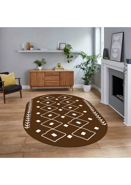Dijital Kaymaz Yıkanabilir Oval Iskandinav Desen Yolluk Salon Halısı, V-O-Iskandinav-25-Kahve,
