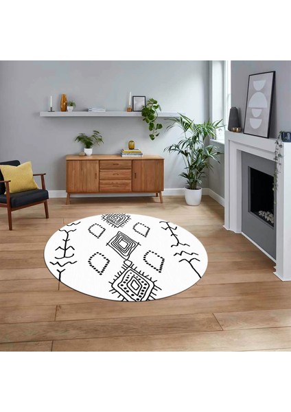 Dijital Kaymaz Yıkanabilir Yuvarlak Iskandinav Desen Salon Halısı, V-Y-Iskandinav-26-Beyaz,
