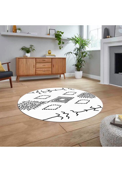 Dijital Kaymaz Yıkanabilir Yuvarlak Iskandinav Desen Salon Halısı, V-Y-Iskandinav-26-Beyaz,
