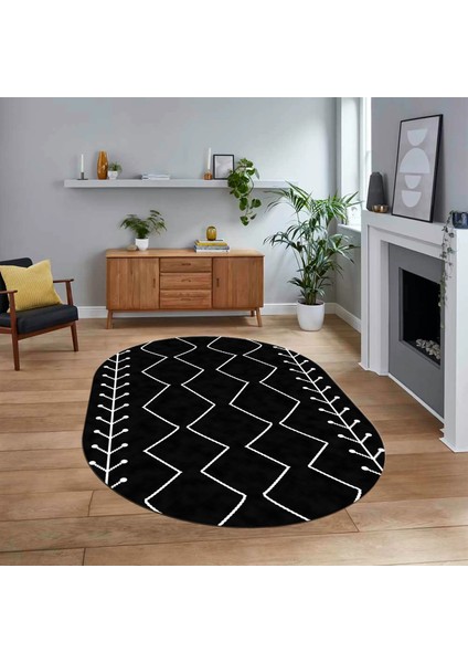 Dijital Kaymaz Yıkanabilir Oval Iskandinav Desen Yolluk Salon Halısı, V-O-Iskandinav-06-Siyah,