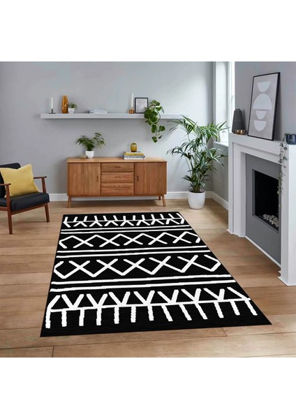 Dijital Baskılı Kaymaz Yıkanabilir Iskandinav Desen Yolluk Salon Halısı, V-Iskandinav-28-Siyah,