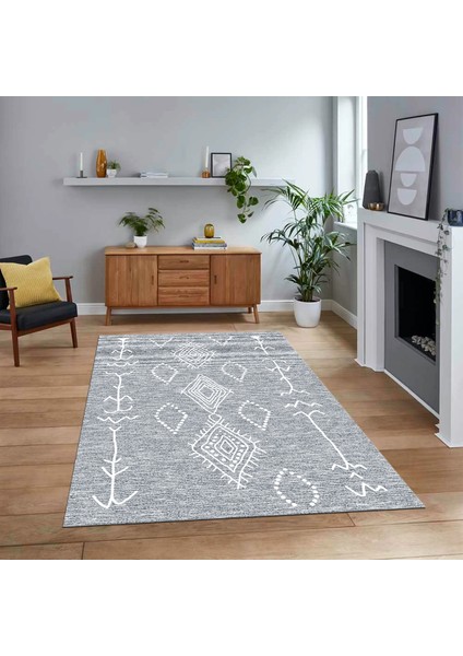 Dijital Baskılı Kaymaz Yıkanabilir Iskandinav Desen Yolluk Salon Halısı, V-Iskandinav-26-Gri,