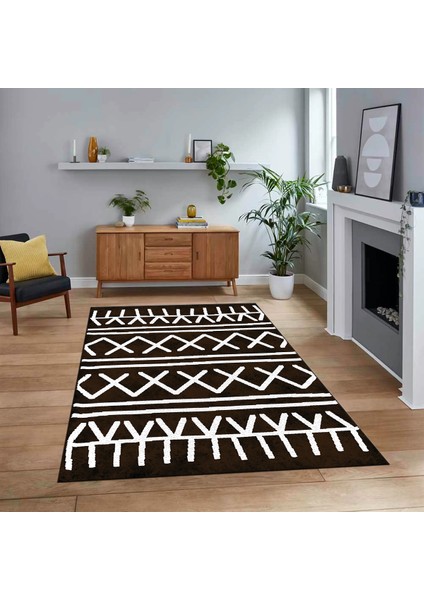Dijital Baskılı Kaymaz Yıkanabilir Iskandinav Desen Yolluk Salon Halısı, V-Iskandinav-28-Kahve,