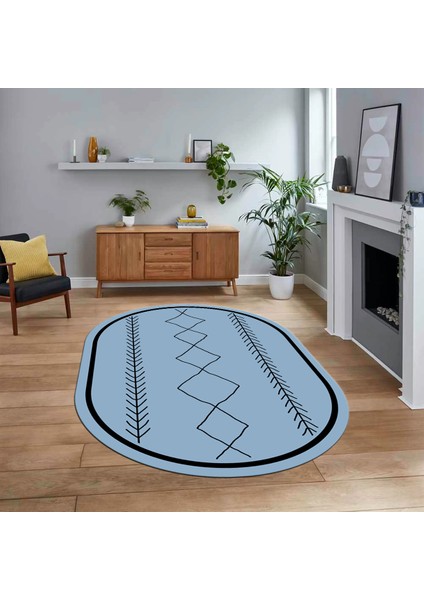 Dijital Kaymaz Yıkanabilir Oval Iskandinav Desen Yolluk Salon Halısı, V-O-Iskandinav-01-Mavi,